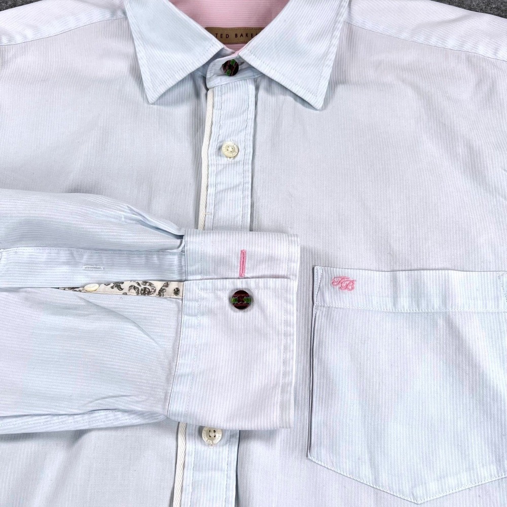 Ted Baker London Mens 5 XL Shirt Blue Pinstripe Roll Tab Sleeve Pink TB Logo